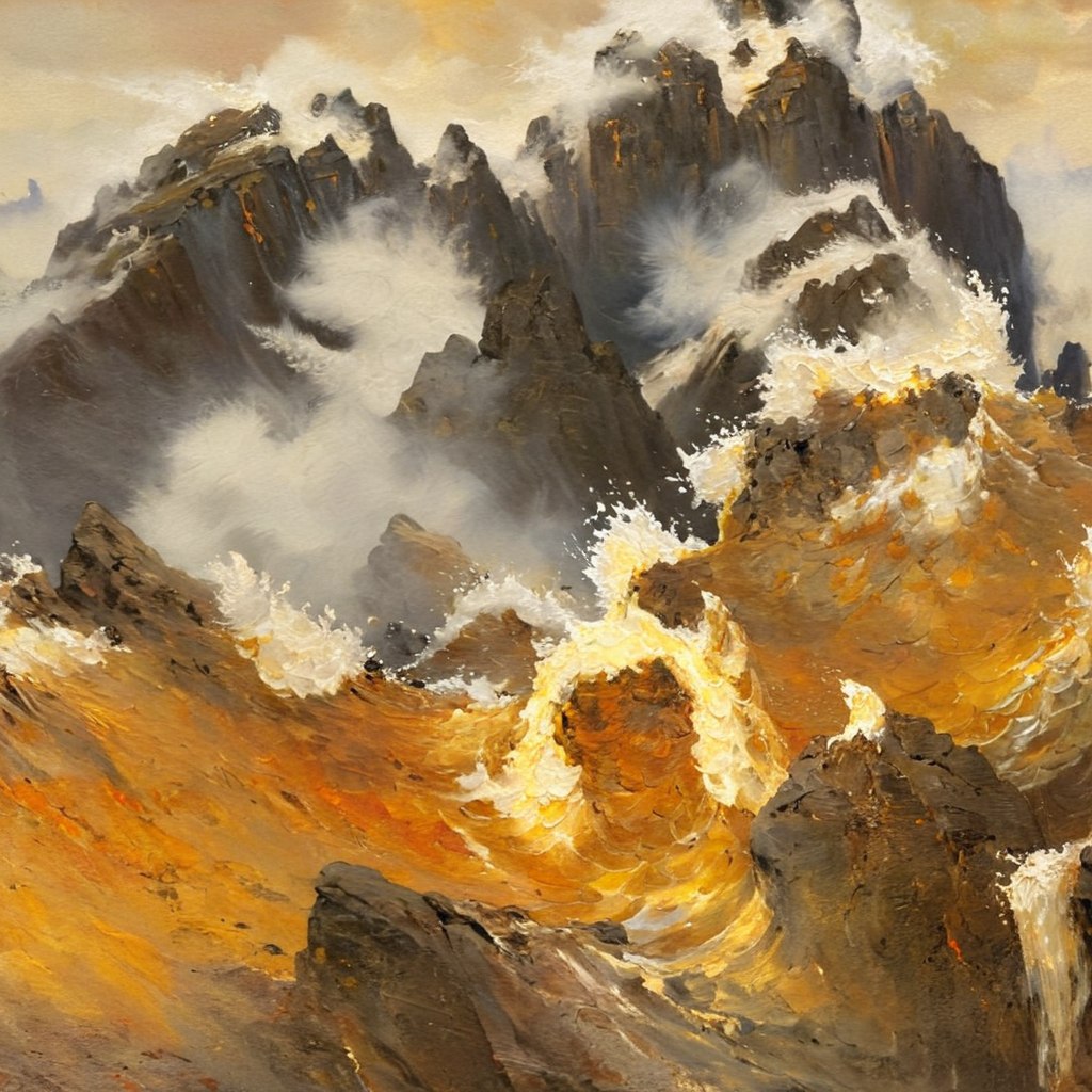 Golden landscape artwork concealing a couple and their dog